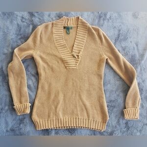 Womens M knit ralph lauren sweater brown beige bone inspired button long v-neck